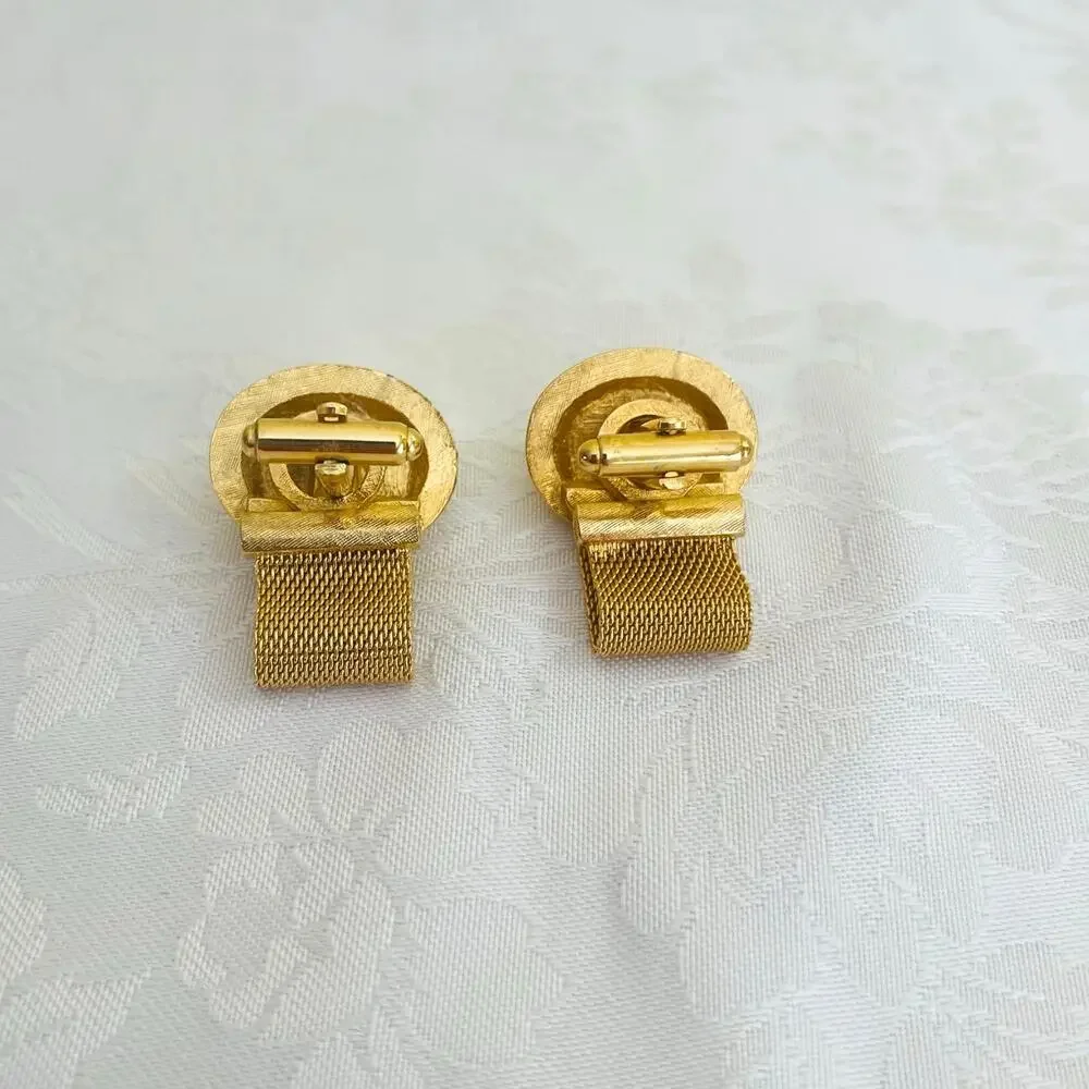 Cufflinks Vtg DANTE 70s Oval Banded Agate Cabochon Swag Mesh Gold Tone